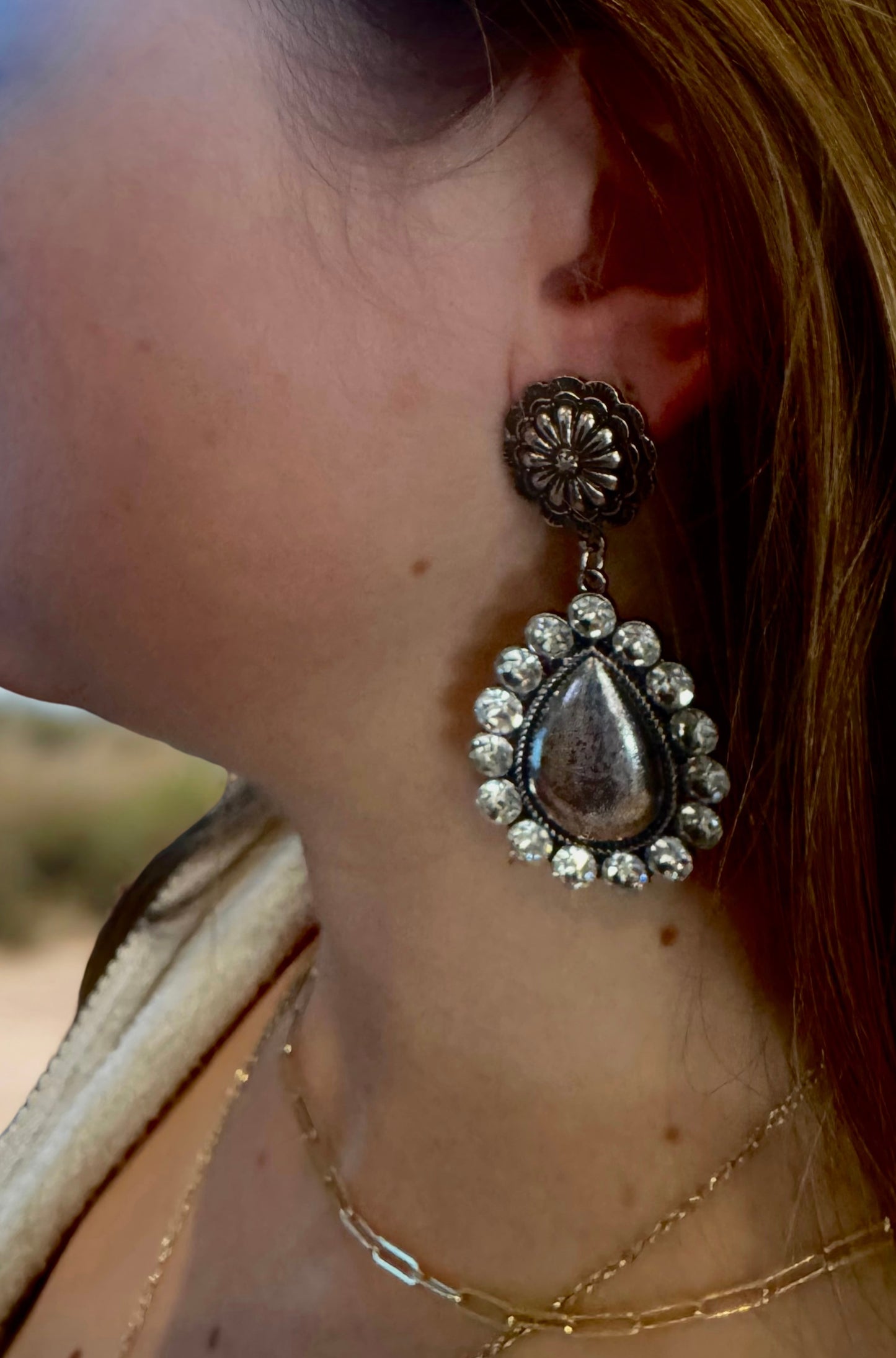 Teardrop Silver and Rhinestone Earrings