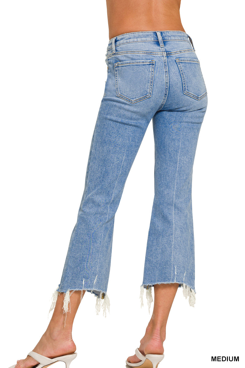 MEDIUM WASHED KICK CROP FLARE DENIM PANTS