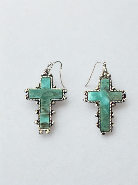 Turquoise Stone Cross Earrings