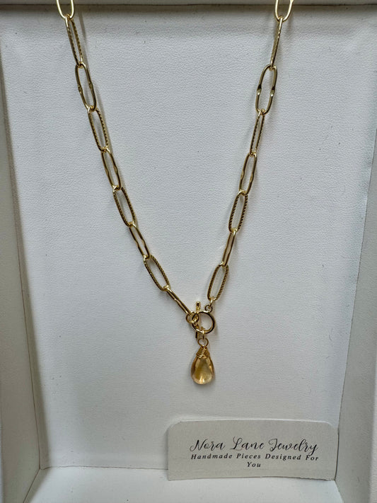 Nora Lane Amber Tear drop Gold Link Necklace
