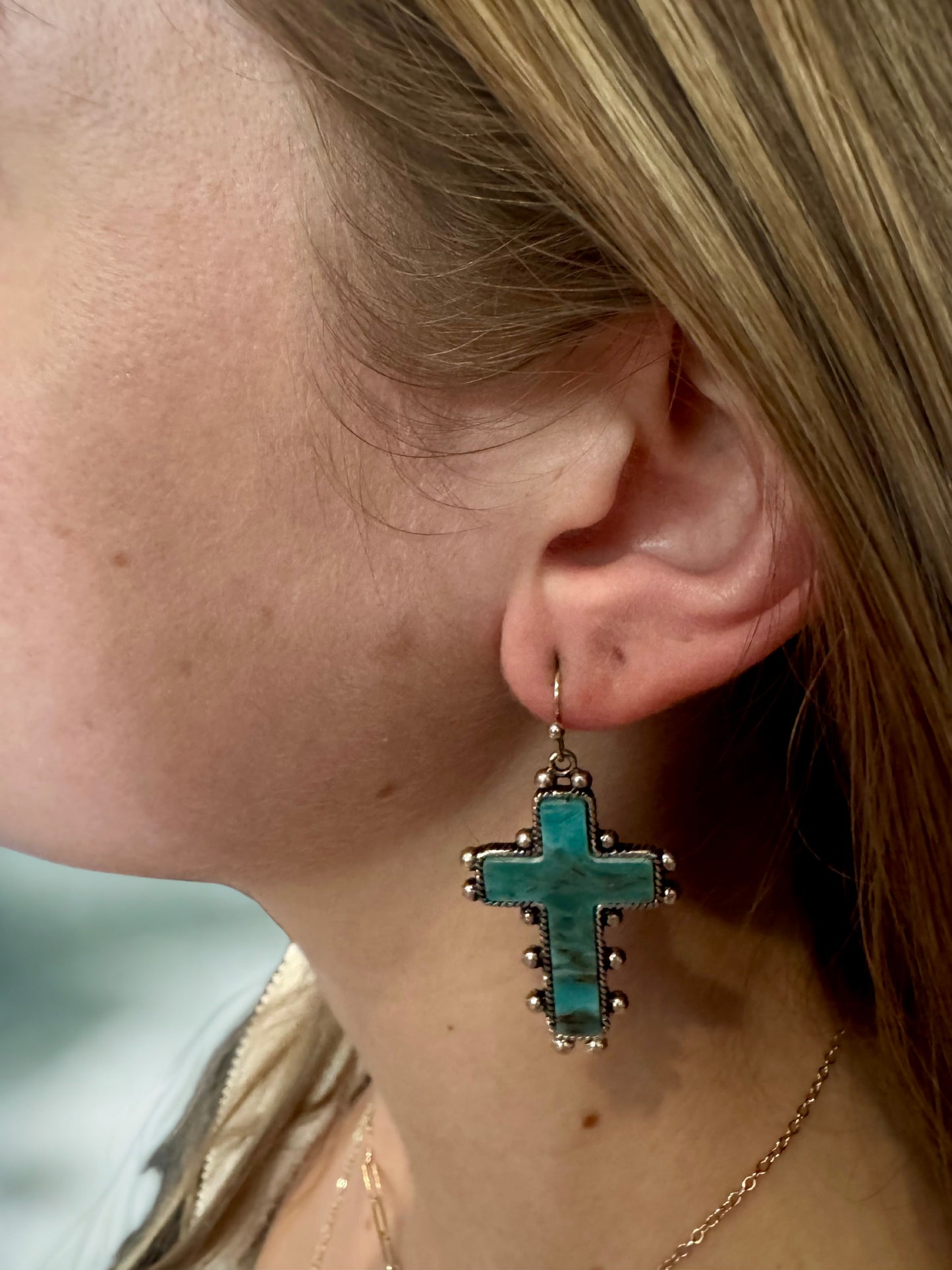 Turquoise Stone Cross Earrings