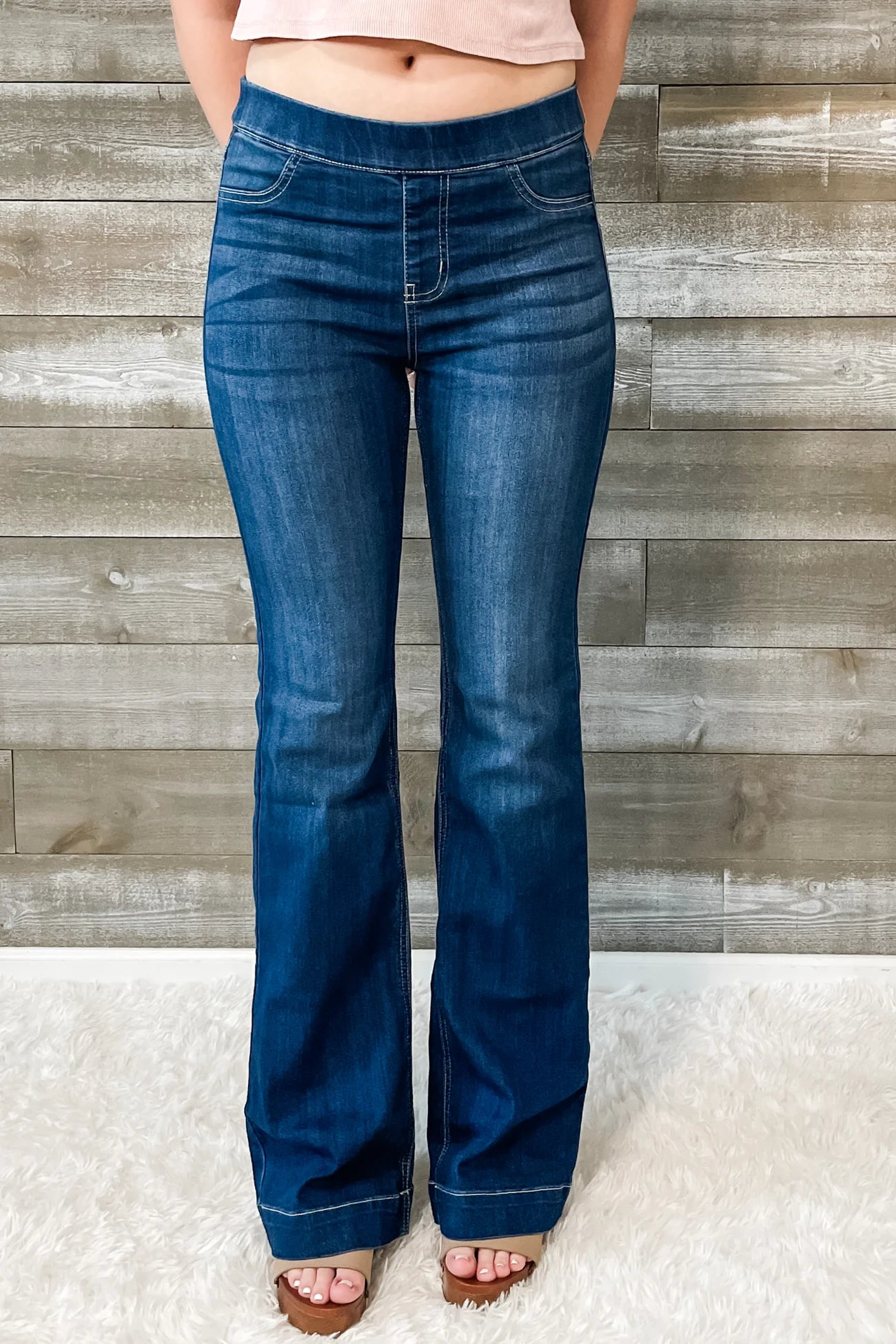 Mid Rise Pull On Flare Jeans